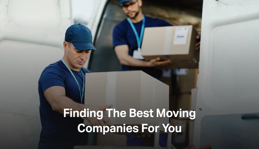 Two men in blue shirts and hats, holding a sign that reads 'Finding the best moving companies for you'